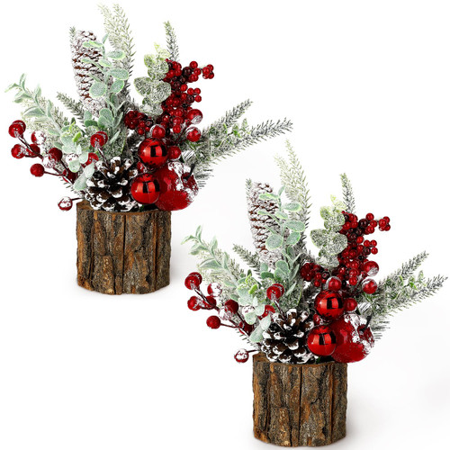 Small Christmas Tree Tabletop Artificial Mini Christmas Tree Decorations with Holiday Ornaments Red Berry Pine Cone Greenery for Home Indoor Fireplace Mantel Xmas Decor (2pcs -Tree Stump-Red)