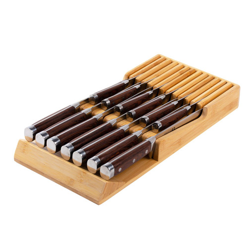 Midoriwood bamboo Knife Drawer Organizer Insert, in drawer Knife Block with blade protection, Kitchen Knife holder for 13 knives (without knives)