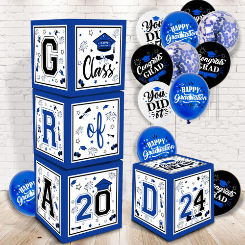 NUTTYBASH Graduation Decorations Class of 2024, Blue Graduation Decorations Includes Class of 2024 Grad Boxes and Balloons Decorations, 2024 Graduation Party Decorations for Grad Party Supplies