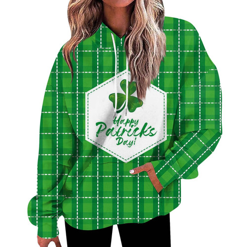 EKVAHL St Patricks Day Sweatshirt For Women Plus Size Long Sleeve Drawstring Kangaroo Pocket Shamrock Graphic Hoodies Green