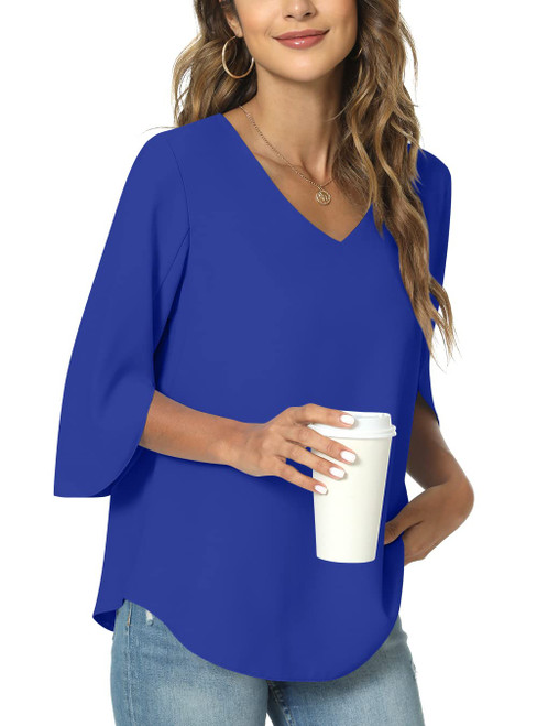 TAOHUADAO Womens 2024 Casual V-Neck Loose Tunic Top for Leggings 3/4 Sleeve Chiffon Blouse Shirt Tops 2X-Large, Royal Blue