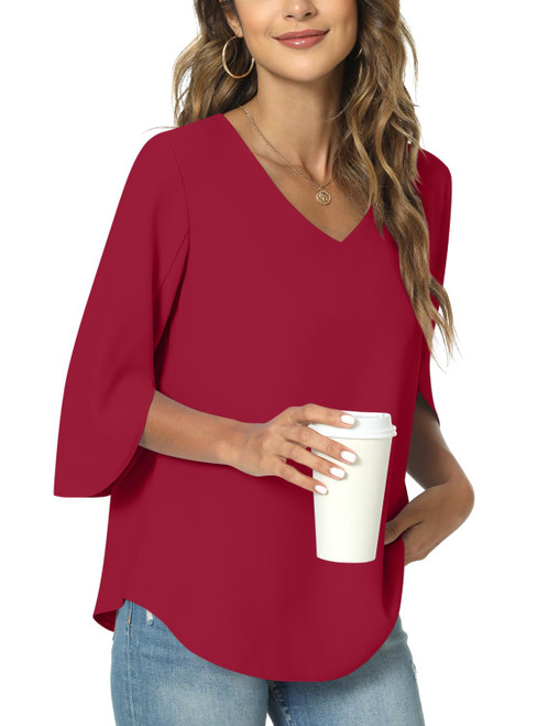 TAOHUADAO Womens 2024 Casual V-Neck Loose Tunic Top for Leggings 3/4 Sleeve Chiffon Blouse Shirt Tops X-Large, Red