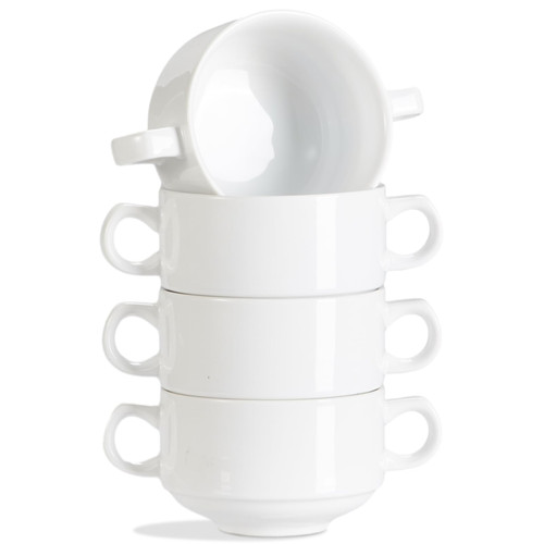 ONEMORE Soup Bowls with Handles French Onion Soup Crocks Oven Safe 12 oz Stackable Ceramic Small Serving Bowls for Stew Chili Cheese Casserole, Set of 4, Microwave and Dishwasher Safe, White