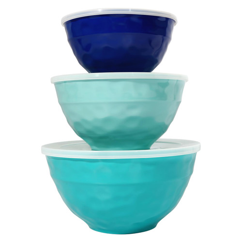 TP Mixing Bowl Set with Lids, 6-Piece Melamine Nesting Bowls Set for Pasta Baking Salad Mixing, Set of 3, Coastal Blue