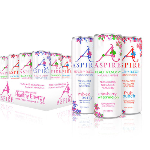 Aspire Fruity Mix Variety Pack, 15-Pack, Healthy Energy Drink, Natural Caffeine from Green Tea, Keto-Friendly, Sugar-Free, Zero Calories, 12 fl oz Cans (Pack of 15)