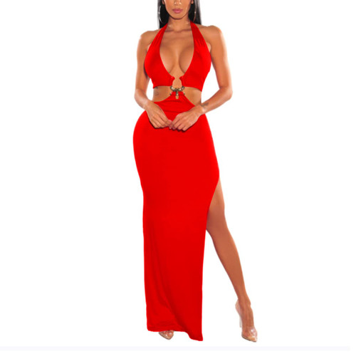 LuFeng Women's Sexy Sleeveless Halter V Neck Side Waist Cutout Backless Bodycon High Slit Maxi Long Dress Red LuFeng Women's Sexy Sleeveless Halter V Neck Side Waist Cutout Backless Bodycon High Slit Maxi Long Dress Red
