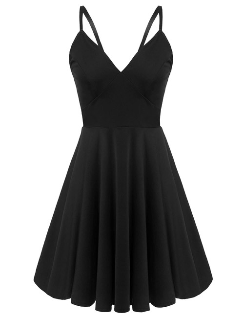 ELESOL Women Black Sundresses Spaghetti Strap Dress Sexy V-Neck Skater Dress Cocktail Party L