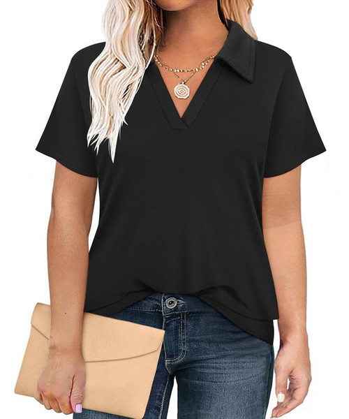 RITERA Plus Size Tops for Womens Short Sleeve Polo Shirts Summer Collared Top Casual V Neck Loose Fit T Shirt Work Blouse Black 3XL