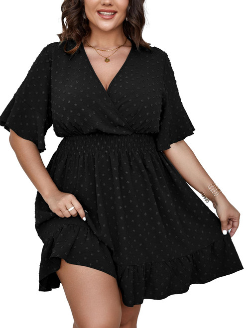 SCOMCHIC Women's Plus Size Summer Dresses Casual Short Sleeve V Neck Ruffle Graduation High Waist Flowy Mini Dress with Belt Black XL SCOMCHIC Women's Plus Size Summer Dresses Casual Short Sleeve V Neck Ruffle Graduation High Waist Flowy Mini Dress with Belt Black XL