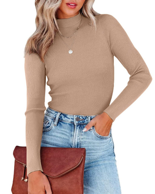 Nutssfiree Womens Ribbed Mock Neck Long Sleeve T-Shirts Fall Fashion Dressy Casual Stretch Tight Slim Fit Y2K Basic Turtleneck Tops Tee Shirts Blouses Khaki