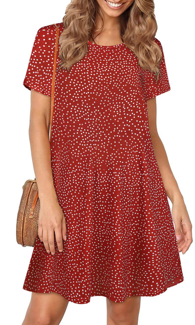 elescat Women's T Shirt Sundress Swing Loose Casual Summer Beach Plus Size Dresses with Pockets(Red Wave Point,3XL)