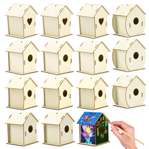 Wooden Birdhouse,15 Pack Wooden Unfinished Paintable Bird House, DIY Bird House Kit Painting Puzzle DIY Wooden Assembly, Build and Paint Birdhouse,Unfinished Wood Bird House Kits
