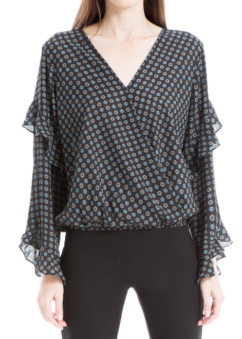 Max Studio Women's Long Sleeve Faux Wrap Blouse, Black/Teal Flourishing Geo