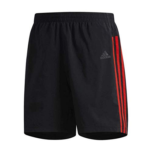 adidas Mens Run 3-Stripes Shorts, Black/Active Red, Large 5"