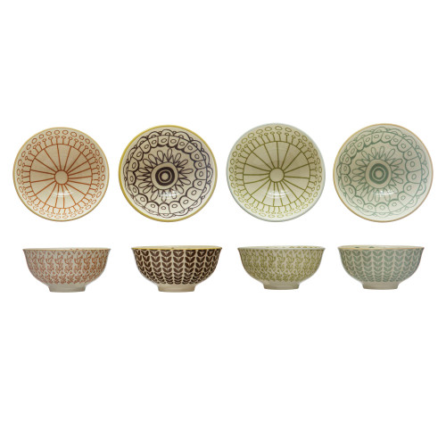 Creative Co-Op Stoneware Painted Patterns, Set of 4 Styles, Multicolor Bowl, Multi