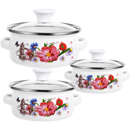 STOBAZA Enamelware Pot Set 3Pcs Enamel Stockpot with Lid Retro Flower Cooking Pot Vintage Soup Pot Stew Pot Nonstick Saucepan for Induction Cookers Gas Stove
