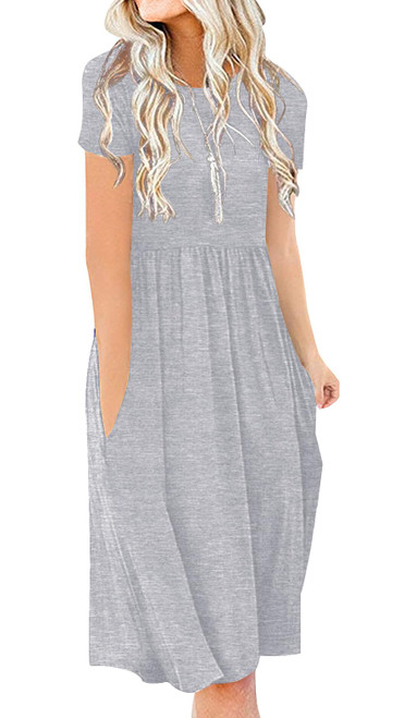 DB MOON Women Summer Casual Short Sleeve Dresses Empire Waist Dress with Pockets (Gray, L) DB MOON Women Summer Casual Short Sleeve Dresses Empire Waist Dress with Pockets (Gray, L)