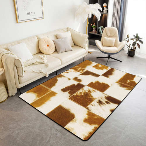 Brown White Cow Print Living Room Rugs 5x7, Patchwork Western Cowhide Area Rugs, Farm Animal Cowhide Carpet Non Slip, Cowboy Farmhouse Decorative Accent Rug for Kids Boys Girls Rustic Bedroom Decor
