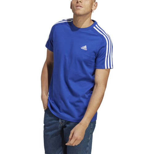 adidas Men's Essentials Single Jersey 3-Stripes T-Shirt, Semi Lucid Blue/White, Medium