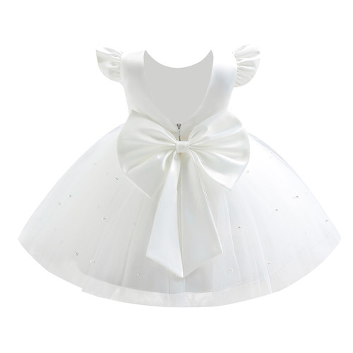 Infant Baby Girls Wedding Flower Girl Dress Ruffle Sleeve Satin Pearls Tulle Tutu Dress Bowknot V Back Pageant Party Birthday Formal Dress Baby Girl Christening Baptism Dresses White 6-12 Months