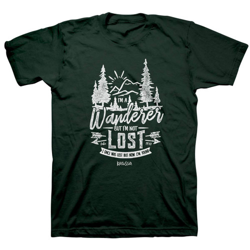 Kerusso I'm A Wanderer But I'm Not Lost I Once was Lost But Now I'm Found Mountain Sun Forest Green Cotton Crew Neck T-Shirt, Large