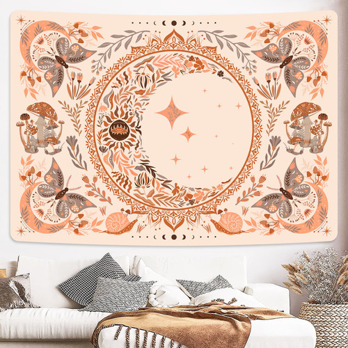 Uspring Boho Vintage Tapestry Floral Leaves Butterfly Tapestries Aesthetic Moon and Star Tapestry Botanical Wall Tapestry Mandala Tapestry for Bedroom Home Decor (70.9 x 92.5 inches)