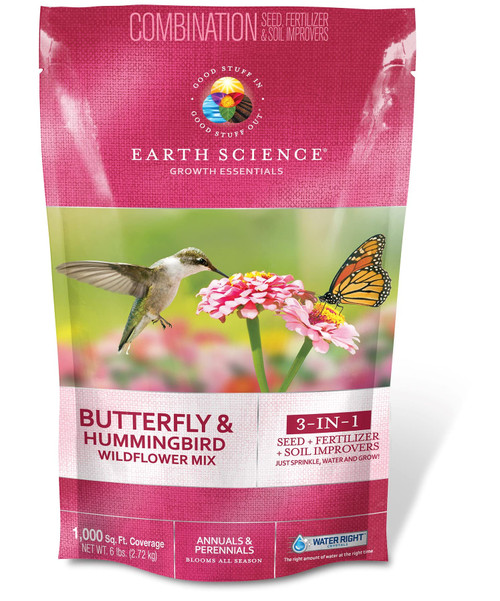 Earth Science 6 lb Wildflower Butterfly & Hummingbird Mix, 3-in-1 Premium Wildflower Seed, Plant Food and Soil Conditioners, Non-GMO for Bees, Hummingbirds, Butterflies, Pollinators