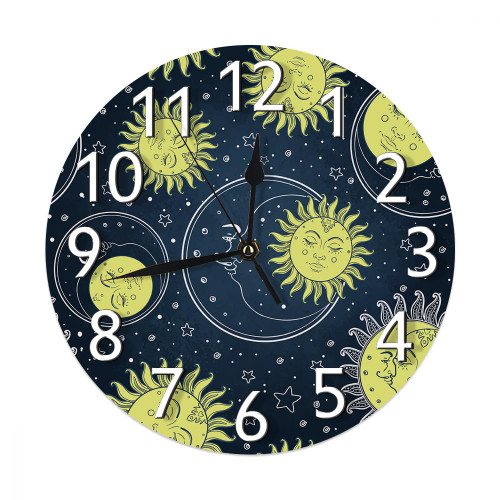 IBILIU Wall Clock Silent Non Ticking Sun and Moon Magic Crescent Astrology Bohemian Boho Silent Round Wall Clocks Decorative for Kitchen Living Room Bedroom - Battery Operated 10 Inch