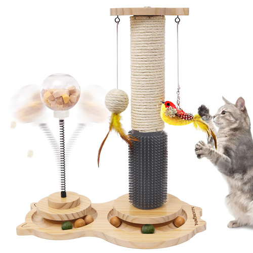 FUNCREVITY Cat Scratching Post with Sisal Scratcher Interactive Cat Treat Dispenser Toys Wooden Ball Track Dangling Feather Toy Massage Brush and Catnip Balls Ideal for Indoor Cats and Kittens