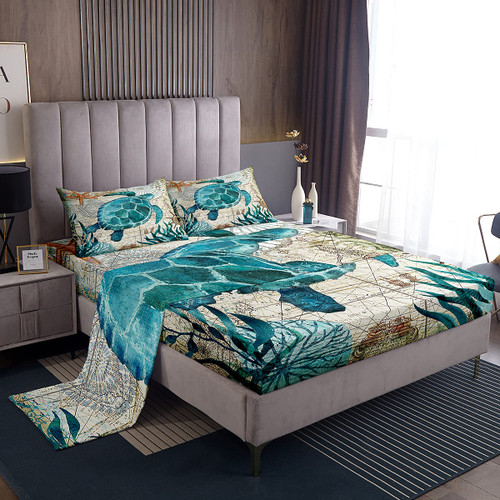 Sea Turtle Bedding Set,Ocean Beach Themed 4 Piece Sheet Set Children Teens Retro Tortoise Bed Sheet Set Hawaiian Reptile Turtle Printed Bed Set Includes 1 Fitted Sheet,1 Flat Sheet,2 Pillowcases,Full