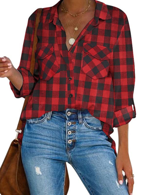 HOTOUCH Women's Long Sleeve Collared Button Down Plaid Flannel Red and Black Shirt Christmas Blouse