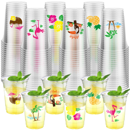 Kochorie 120 Pieces 16oz Hawaii Plastic Cups Hawaiian Luau Party Disposable Plastic Cups Tropical Hibiscus Drinking Cups Pineapple Tropical Wine Glasses for Tiki and Summer Beach Pool Party Supplies