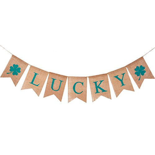 BBTO Irish St. Patrick's Day Lucky Four Leaf Shamrock Burlap Banner Flags Bunting St Patrick Decoration