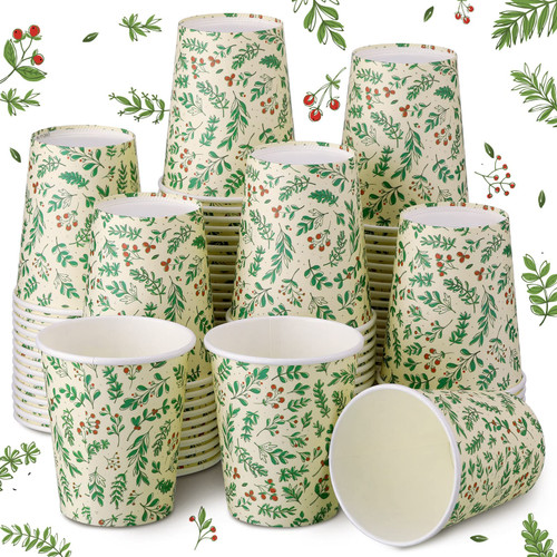 100 Pieces 9 oz Christmas Paper Cups Christmas Holly Cups Disposable Paper Cup for Christmas Party Supplies Christmas Decorations Xmas Party Cups for Holidays Coffee Tea Cold Hot Drinks Kids Adults