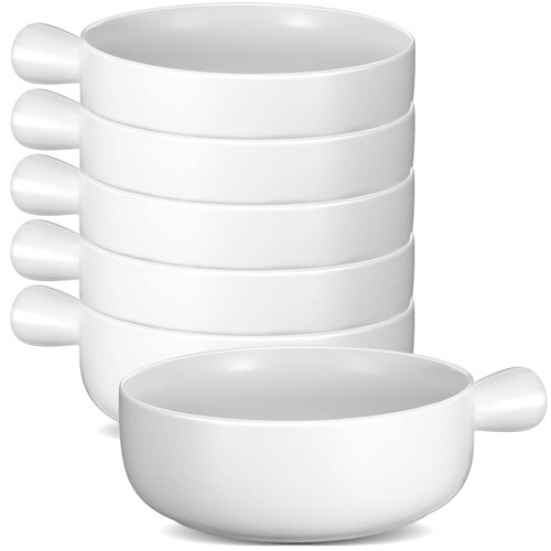 Tanlade 6 Pcs Ceramic Soup Bowls with Handles Bulk 18.6 oz French Onion Soup Bowls Large White Stackable Soup Crocks for Cereal Salad Soup Beef Stew Onion Chili, Microwave Oven and Dishwasher Safe