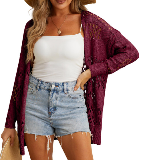 GRECERELLE Womens Long Sleeve Summer Cardigan 2024 Loose Crochet Oversized Sweater Cardigans Sun Protection Coverups (Wine Red, Large)