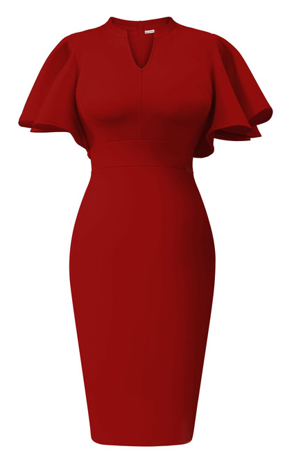 Memoriesea Women's Elegant Ruffle Sleeve Formal Party Cocktail Pencil Midi Dress Red