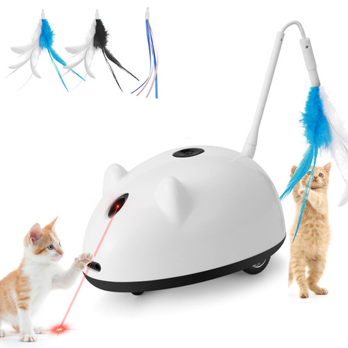 HAPPY HACHI Cat Laser Toy Interactive Smart Automatic Electronic Cat Mouse Toys with Feather for Indoor Cats Kittens,Play Teaser Pet Exercise, USB Rechargeable (3 Replaceable Tails)