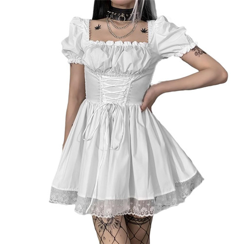 Women Gothic Mini Dress Aesthetic Punk Sexy High Waist Puff Sleeve Lace Bandage Party Corset Dresses White