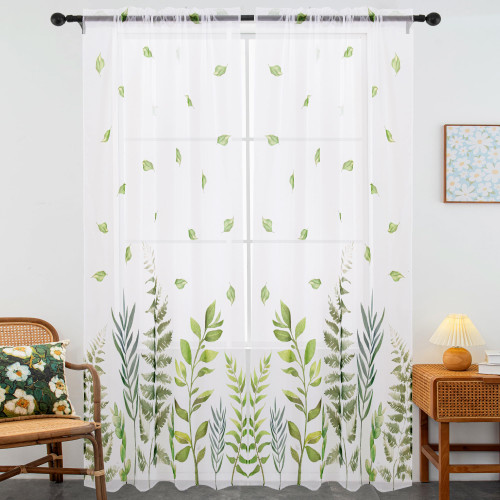 Youleyar White Sheer Curtains Leaf Pattern Printed Semi-Sheer Curtain 96 Inches Long 2 Panels Summer Spring Rod Pocket Floral Window Voile Drapes for Living Room, Bedroom(W52 x L96, White&Green)