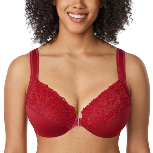 DELIMIRA Women's Front Closure Bras Plus Size Lace Full Coverage Underwire Unlined Bra Dark Red 40C