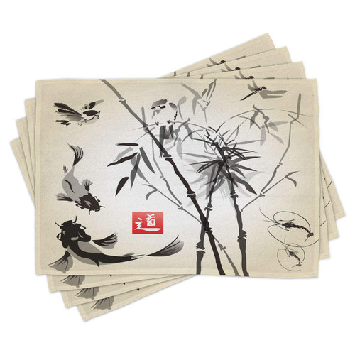 Lunarable Japanese Place Mats Set of 4, Japanese Traditional Garden Design Wildlife Forest Origami, Washable Fabric Placemats for Dining Table, Standard Size, White Black