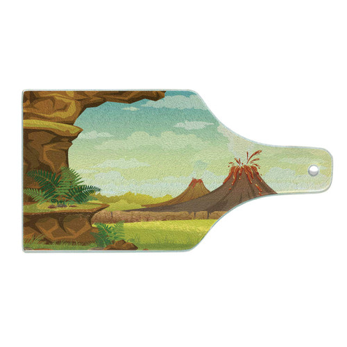 Lunarable Volcano Cutting Board, Prehistoric Landscape with Cave Smoky Volcanoes and Green Grass Cloudy Sky, Decorative Tempered Glass Cutting and Serving Board, Wine Bottle Shape, Orange Green Red