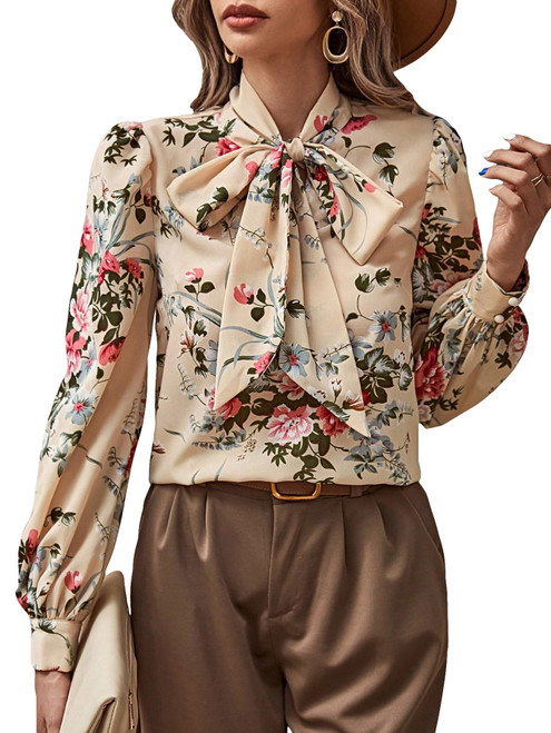 Floerns Women's Printed Bow Tied Neck Lantern Long Sleeve Workwear Shirts Blouse Apricot Flower L