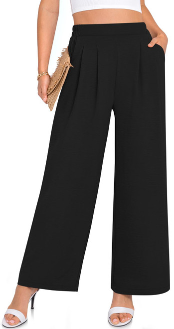 TARSE Womens Wide Leg Dress Pants with Pockets Business Casual Work Trousers High Elastic Waisted Flowy Palazzo Pants Black M