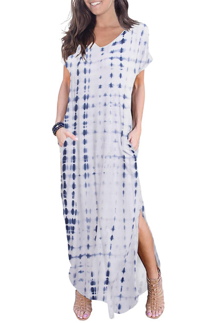 Women's Summer Maxi Dress Casual Loose Short Sleeve V Neck Tie Dye Maxi T-Shirt Dresses Beach Vacation Split Long Dress with Pockets White Navy Women's Summer Maxi Dress Casual Loose Short Sleeve V Neck Tie Dye Maxi T-Shirt Dresses Beach Vacation Split Long Dress with Pockets White Navy