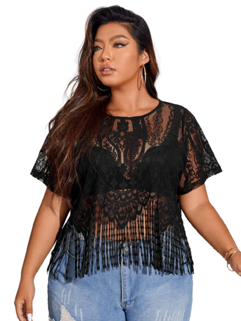 SOLY HUX Women's Plus Size Sheer Lace Fringe Hem Short Sleeve Tee T Shirt Tops Black Pure 3XL SOLY HUX Women's Plus Size Sheer Lace Fringe Hem Short Sleeve Tee T Shirt Tops Black Pure 3XL