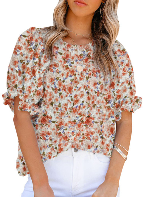 Dokotoo Floral Print Blouses for Women Fashion 2024 Crewneck Ruffle Smocked Short Sleeve Shirts Flowy Babydoll Summer Tops Cute Blouses for Teen Girls Orange M