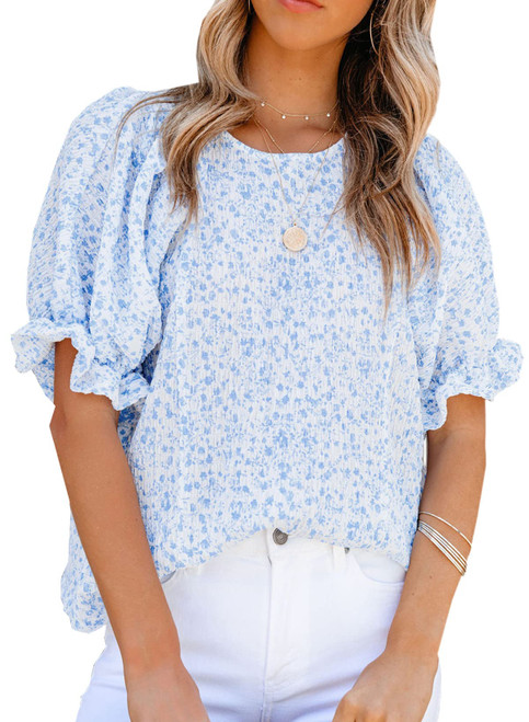 Dokotoo 2024 Summer Blouses for Women Tops Crew Neck Smocked Short Puff Sleeve Cute Boho Flowy Mini Tunic Tops Cute Floral Printed Blouses and Shirts for Juniors S Sky Blue