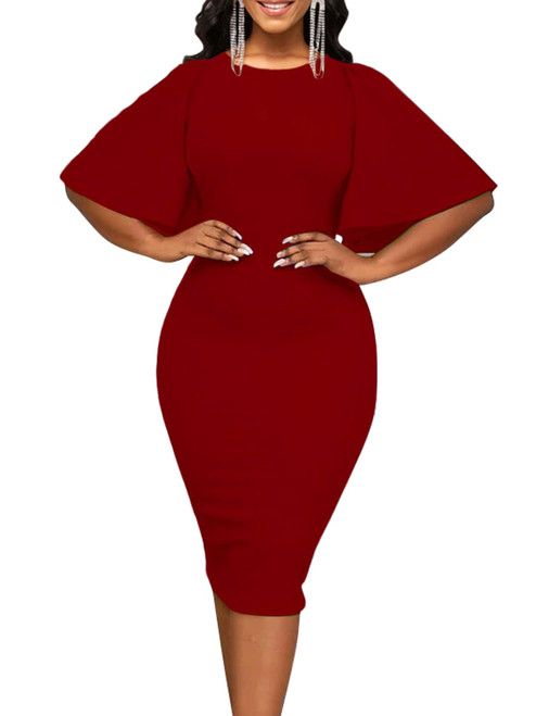 Women's Basic Bodycon Ruffle Flared Short Sleeve Pencil Midi Dress, Red